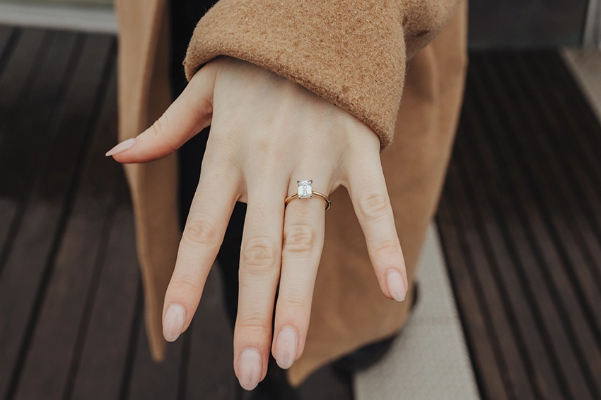 Close-up of the engagement ring after the marriage proposal at Mont Saint-Michel — proposal photography Brittany